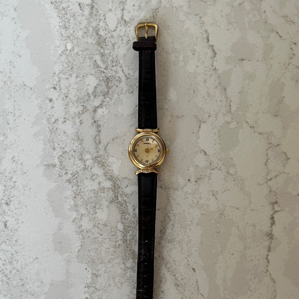 Fossil Gold Case With Dark Brown Leather Strap Watch With Tin Box Fossil Gold Case With Dark Brown Leather Strap Watch With Tin Box